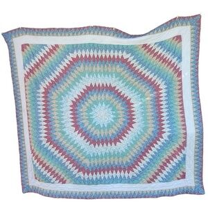 VTG Star Burst Quilt Calico Prairie Diamond Patchwork Hand Quilted 86x99 READ